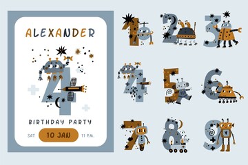 Kids anniversary numbers. Birthday party decor, cute robots, boys theme design cards, toys with big numerals, funny childish invitations and greeting, vector cartoon flat isolated set