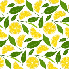 Lemon Tea seamless pattern. Tea leaves, lemon slice. Hot drink flat vector illustration on white background for wallpaper, wrapping, packing, textile, scrapbooking. International Tea Day.