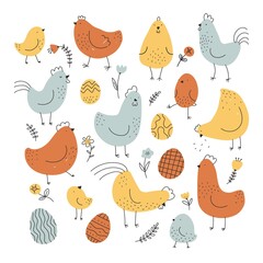 Funny chickens. Domestic birds with eggs and flowers, easter holiday symbols, roosters and hens, comic poultry yard characters, doodle domestic rural bird, vector cartoon flat isolated set
