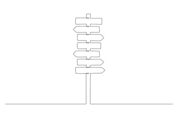 One Continuous line drawing of Road direction signpost arrows to the right and left and plate. Pointer symbol in liner style. Vector illustration for web banner, design template, postcard