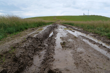 Puddles on dirt road after rain