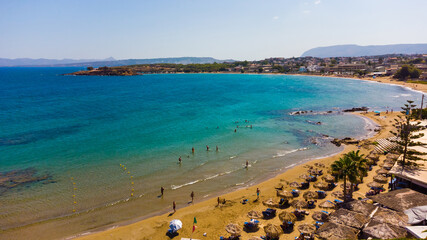 Panoramic aerial view from above of the city of Chania, Crete island, Greece. Landmarks of Greece, beautiful venetian town Chania in Crete island. Chania, Crete, Greece.