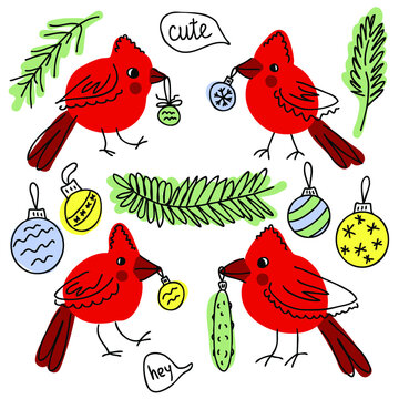 Northern cardinal birds and christmas toys doodle collection. Perfect for T-shirt, stickers, textile and print. Hand drawn vector illustration for decor and design. 
