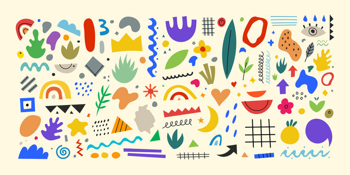 Naklejki Set of trendy doodle and abstract nature icons on isolated white background. Big summer collection, unusual organic shapes in freehand matisse art style. Includes people, floral art and texture bundle