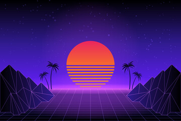 Paysage rétro futuriste avec des palmiers. Coucher de soleil au néon dans le style des années 80. Fond rétro Synthwave. Rétro-onde. Illustration vectorielle