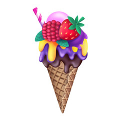 illustration of waffle cone of colorful ice cream with berries and striped straw isolated on white background