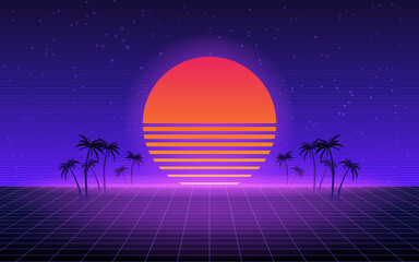 80s style retro background with sun and silhouettes of palm trees. Retro wave wallpaper
