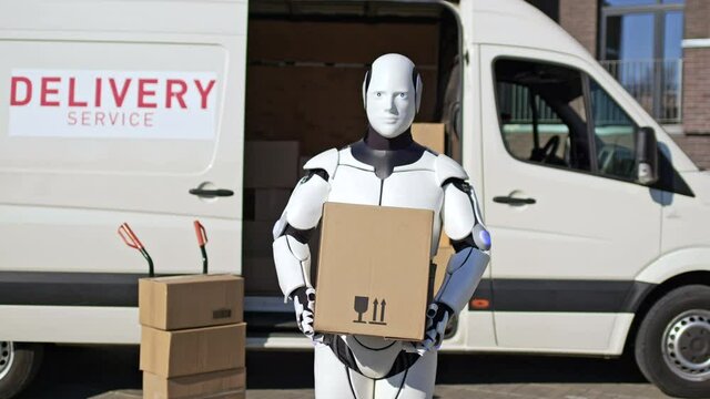 Robot standing in front of delivery van with parcel box to deliver it to recipient. Courier delivering parcel box to recipient.