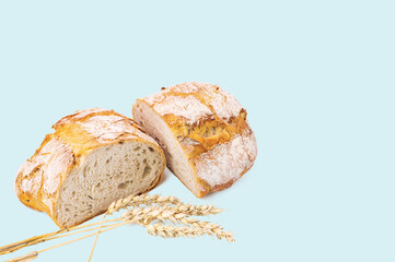 Beautiful view of cut loaf white bread and wheat ears isolated on blue background.  Food concept. Health concept. 