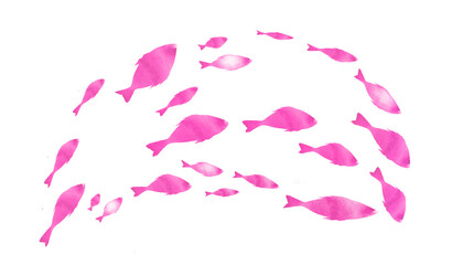 Silhouettes of groups of  fishes on white. Watercolor