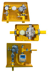 control cabinets with gas management and monitoring devices isolated on white background