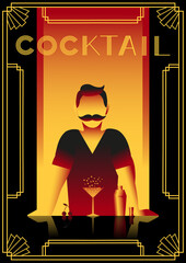 Art deco style poster with barman, sparkling cherry cocktail and cocktail shaker. Vector illustration.