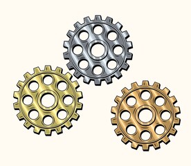 Gold, brass, copper, steel gears in retro style. Good for decoration in steampunk style. Vector.