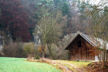 an old barn on the Franconian Mountain Trail, near Plech, Franconian Switzerland, Bavaria, Germany