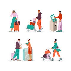 Set of scenes with people at the airport, walking with baggage, checking in, waiting for the flight, printing boarding pass. Vector illustration
