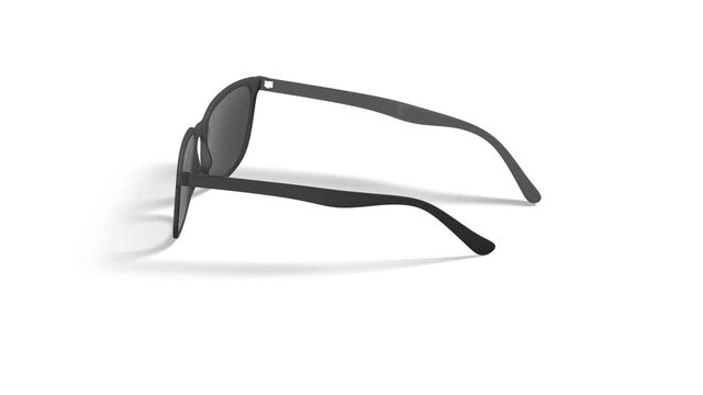 Blank black eye glasses mock up stand, looped rotation, 3d rendering. Empty turning specs sunglasses mockup, isolated on white background. Clear protection ocular barnacle template.