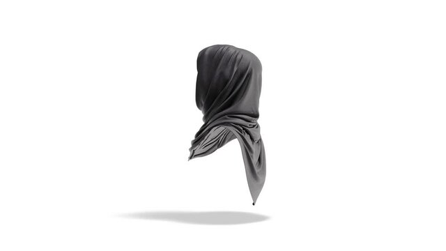 Blank black woman muslim hijab mock up, looped rotation, 3d rendering. Empty islamic burka or tube for face privacy mockup, isolated on white background. Clear female cotton head scarf template.