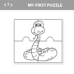 Cartoon Illustration of Educational Jigsaw Puzzle Activity for Preschool Children with Snake Animal Character. My first puzzle and coloring page