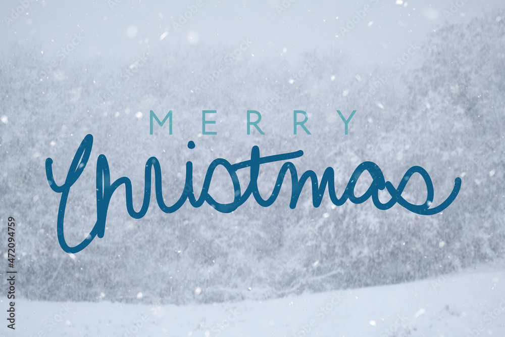 Poster Abstract blurred background of winter snow with Merry Christmas greeting for holiday. - Posters