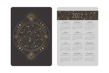 Vector tarot pocket year 2022 celestial calendar with shining ornate golden zodiac circle, stars and moon phases on a cover. Two-sided card template with mystic outline illustration in boho style - obrazy, fototapety, plakaty