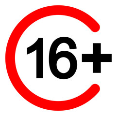 16 plus vector icon on a white background. An isolated flat icon illustration of 16 plus.