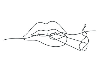 Continuous line drawing of sexy lips with cigarette on white background. Vector illustration