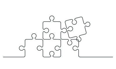 Continuous one line drawing of pieces of jigsaw on white background. Vector illustration for banner, template, poster, backdrop, web, app. Black thin line of puzzle icon.