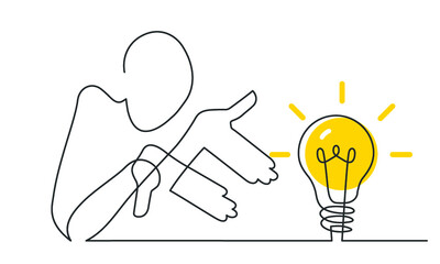 Continuous drawing of a man point with his hands to lightbulb. Pointery gesture. Vector illustration