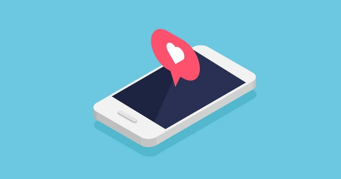 Animation of smartphone with social media notifications. Push notification with like. 4k video animated in isometric style.