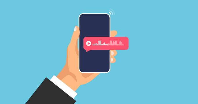 Animation of smartphone with voice messages bubbles icon. Hand clicking to chat notification. Audio waves recording on cell phone. 4k resolution video animated