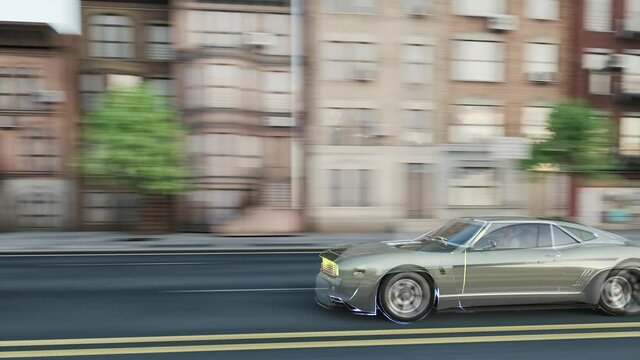 The concept of the modern world. Moving to the future. Old and new city concept. Concept of the future. Retro car on city streets. Retro futuristic city. Car driving to the future. 3d visualization