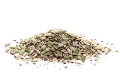 Seed mix, sunflower, sesame, linseed and pumpkin seeds isolated on white 