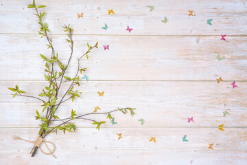 bouquet of green twigs of pussy willow and decorative butterflies on a wooden background. There is room for text.