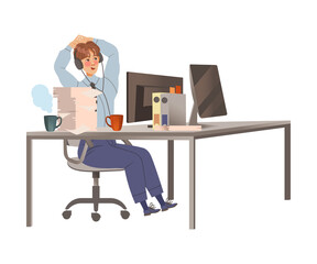 Office worker in headphones sitting at desk working with laptop computer vector illustration