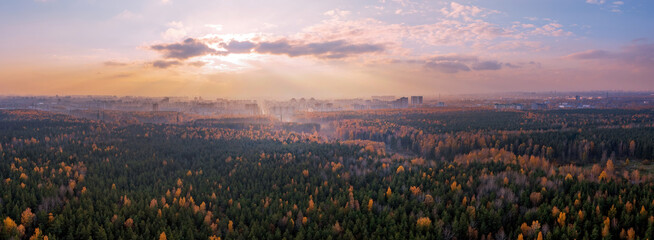 Large autumn forest and distant city with awe sunset panoramic view