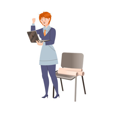 Successful businesswoman standing with laptop computer and looking at screen vector illustration