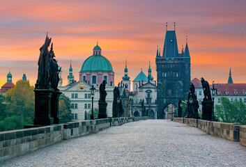 Charles Bridge (Karluv Most) and Prague architecture at sunrise, Czech Republic