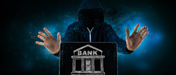 hacker and drawing of a bank building. cyberattack concept