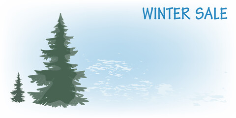 Christmas trees on an abstract snowy background - horizontal banner - vector. Christmas Sale. Winter sale.