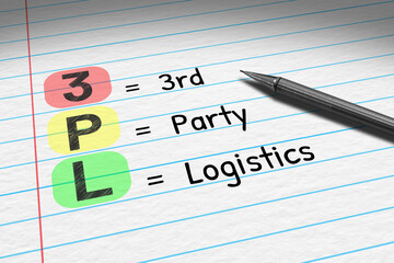 3PL - 3rd Party Logistics. Business acronym on note pad.