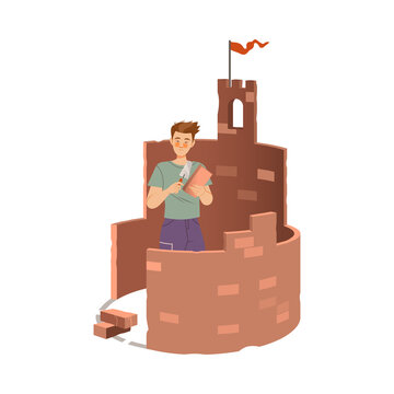 Lonely man building her own brick castle. Social isolation, unsocial lonely person cartoon vector illustration