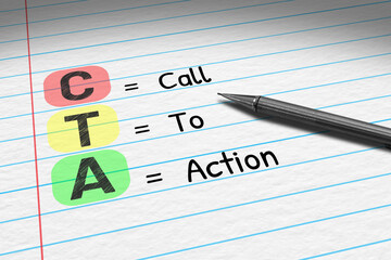CTA - Call To Action. Business acronym on note pad.