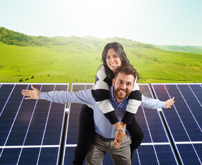 Family uses renewable energy system with solar panel