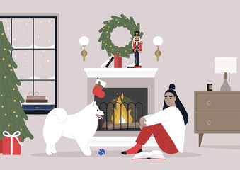 Christmas eve, a female Asian character reading a book on a floor next to a fireplace, and a cute white dog playing with a ball