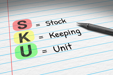SKU - Stock Keeping Unit. Business acronym on note pad.