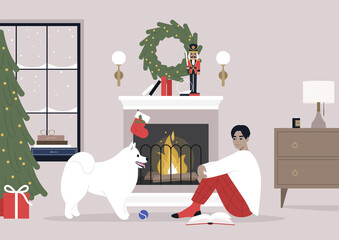 Christmas eve, a male Asian character reading a book on a floor next to a fireplace, and a cute white dog playing with a ball