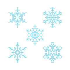 Five blue snowflake icon collection pattern set. Abstract image on a white background. Element design for logo, symbol, banner, card, cover, poster, tile, wall. Vector illustration.