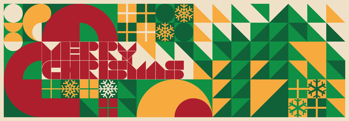 Bauhaus style christmas festive banner. Abstract geometric patterns. Green, red and yellow. Background design for card, cover, poster, backdrop, flyer, brochure, wallpaper, wall. Vector illustration.