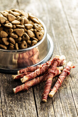 Dog treat sticks. Chewy sticks for dog and dry kibble