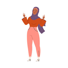 Smiling Muslim Woman in Hijab Showing Sign of the Horns as Positive Hand Gesture Vector Illustration